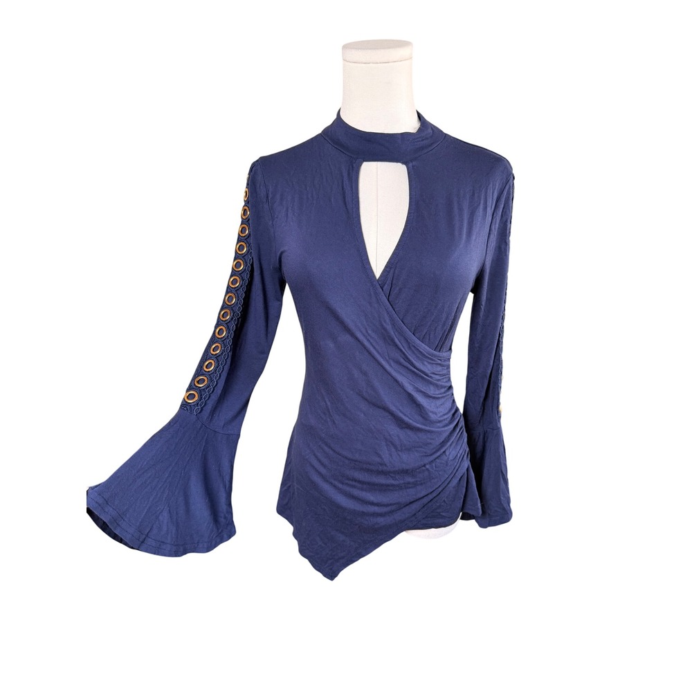 Venus Navy Y2K Blue Bell Sleeve Keyhole Top Grommet Detail Size M
